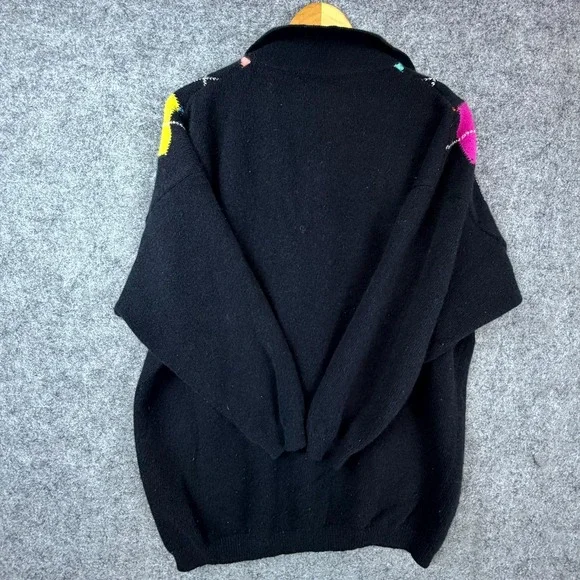 Vintage Benetton Polo Sweater Womens Black Bright Argyle Golf Retro Italian - Picture 2 of 6